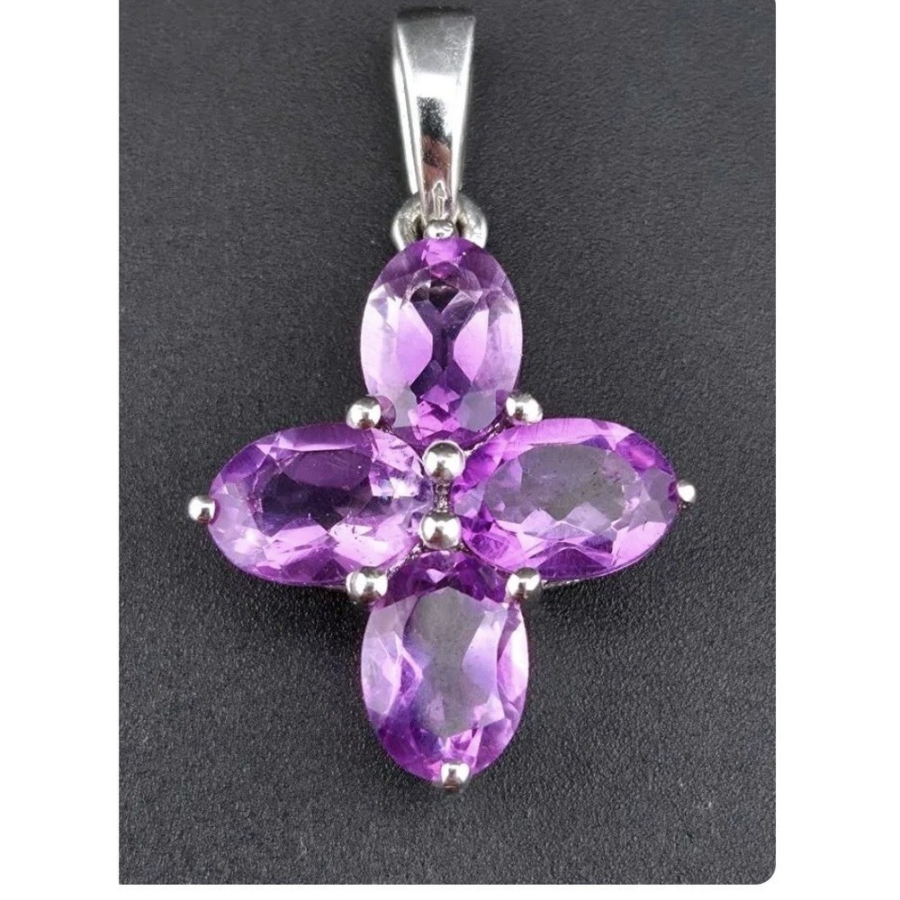 925 Sterling Silver Amethyst Flower Cross Pendant Purple Gem Cluster 1"